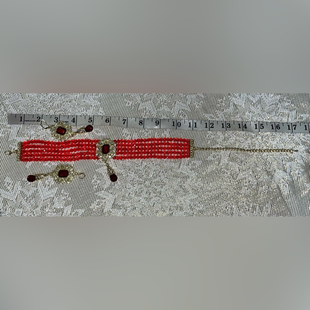 Elegant Gold and Red Victorian Faceted Beading Choker Necklace Earring Set - Picture 5 of 5